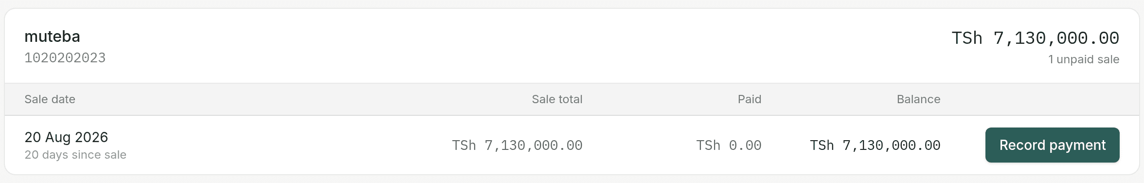 A customer's outstanding balance with a Record payment action beside it.
